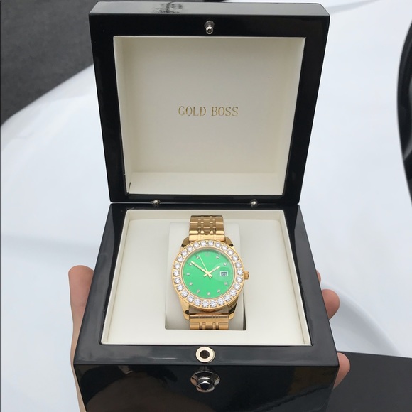 NEW IN BOX 18k Gold Watch with Green CZ Bezel - Picture 3 of 8